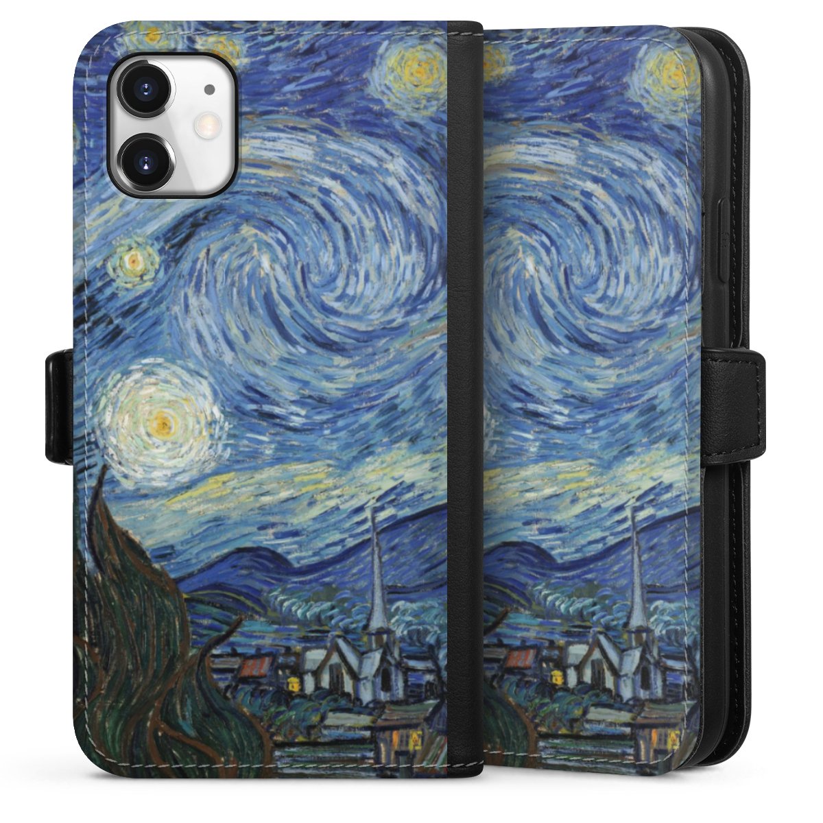 iPhone 11 Handy Klapphülle Handyhülle aus Kunst Leder schwarz Flip Case The Starry Night Kunst Vincent Van Gogh Sideflip mit Lasche