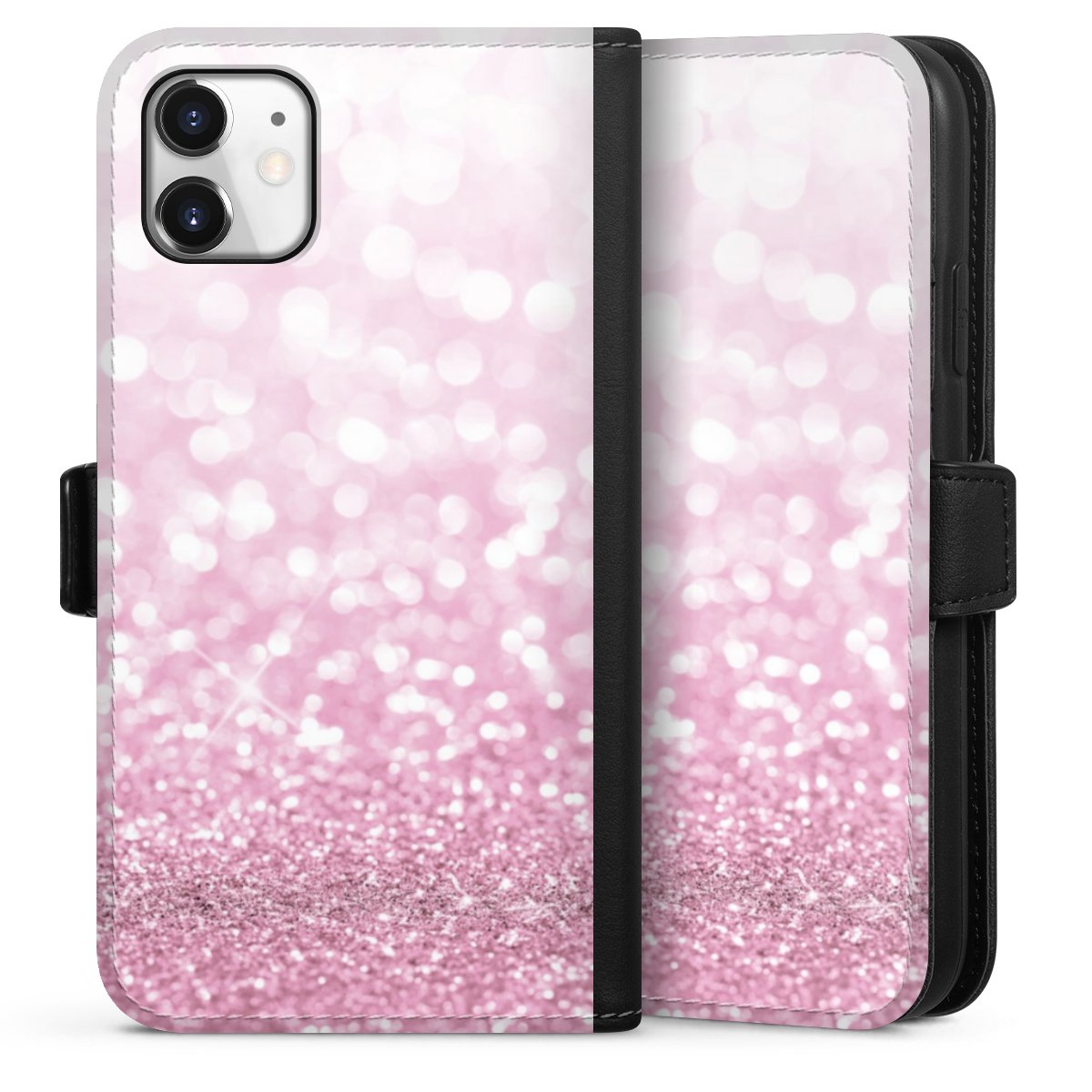 iPhone 11 Handy Klapphülle Handyhülle aus Kunst Leder schwarz Flip Case Glitzer Pink Shine Sideflip mit Lasche