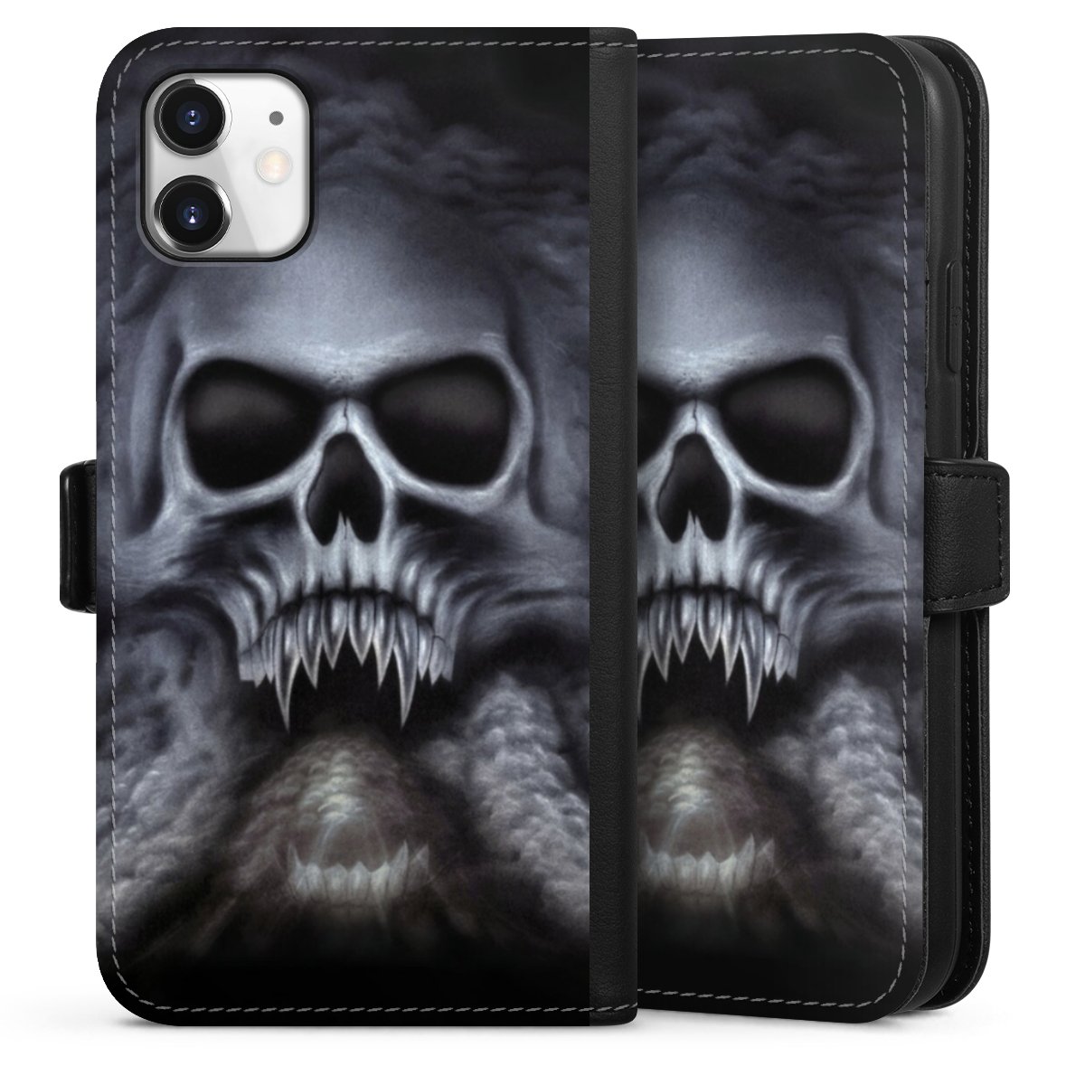 iPhone 11 Handy Klapphülle Handyhülle aus Kunst Leder schwarz Flip Case Totenkopf Skull Sideflip mit Lasche