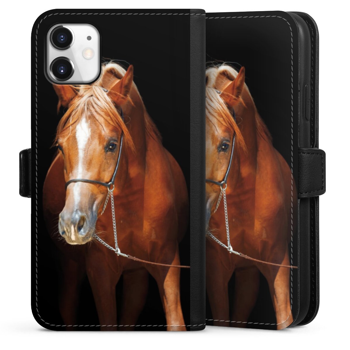 iPhone 11 Handy Klapphülle Handyhülle aus Kunst Leder schwarz Flip Case Mare Horse Hobby Sideflip mit Lasche