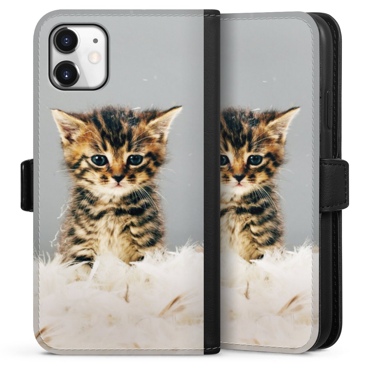 iPhone 11 Handy Klapphülle Handyhülle aus Kunst Leder schwarz Flip Case Cat Feather Pet Sideflip mit Lasche