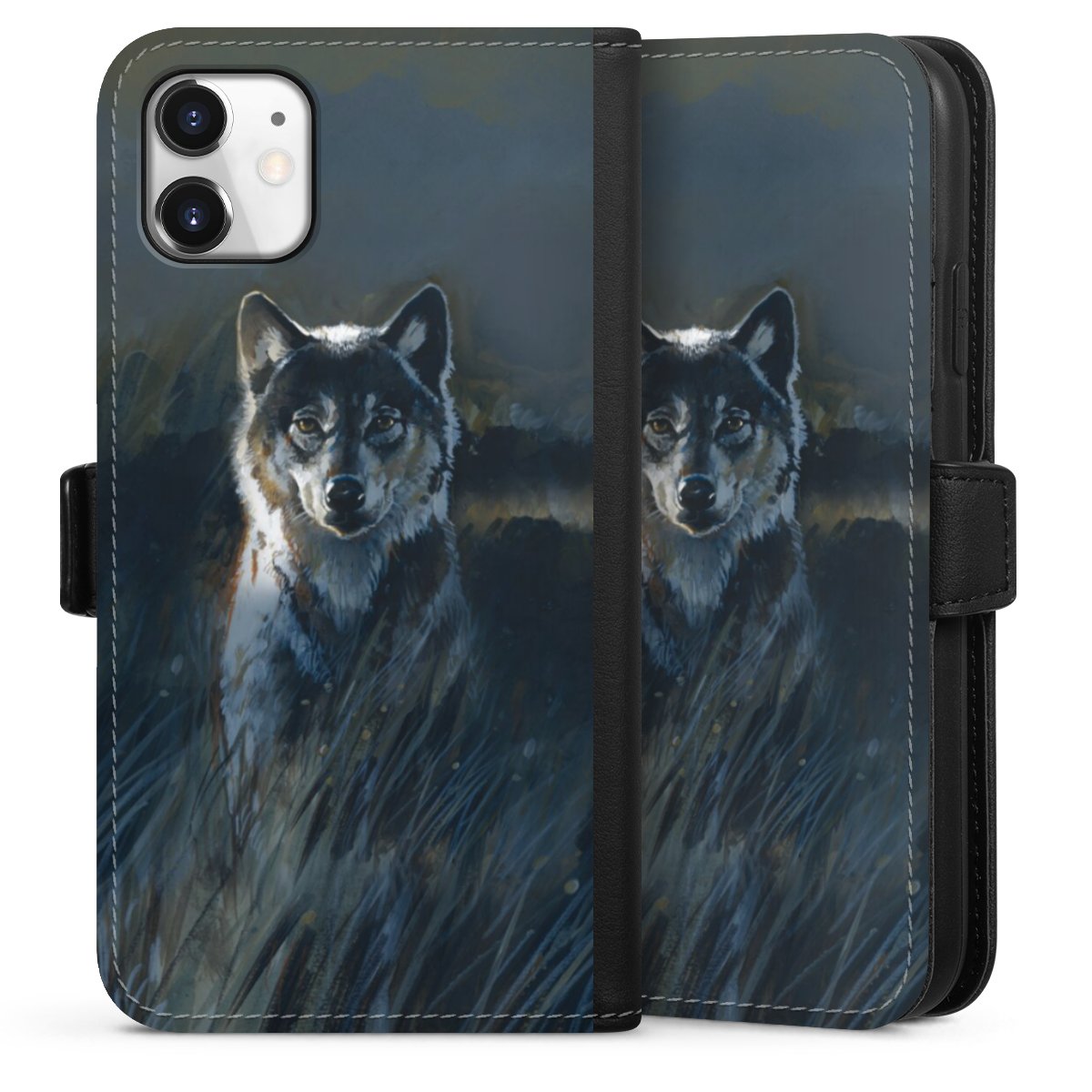 iPhone 11 Handy Klapphülle Handyhülle aus Kunst Leder schwarz Flip Case Nature Wolf Painting Sideflip mit Lasche