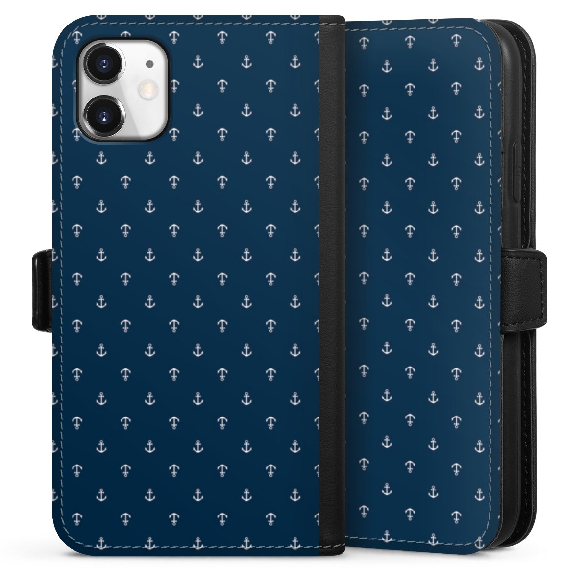 iPhone 11 Handy Klapphülle Handyhülle aus Kunst Leder schwarz Flip Case Muster Anchor Sail Sideflip mit Lasche