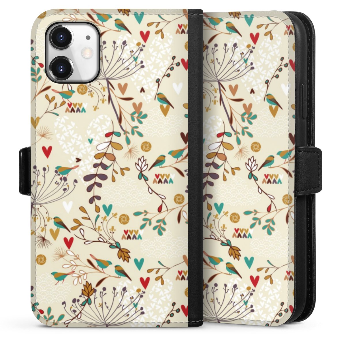 iPhone 11 Handy Klapphülle Handyhülle aus Kunst Leder schwarz Flip Case Bird Flowers Retro Sideflip mit Lasche