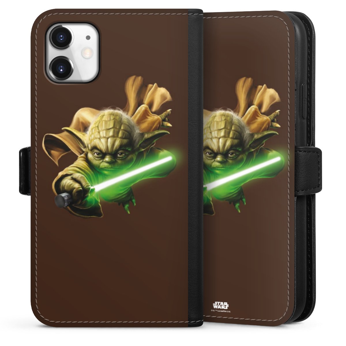 iPhone 11 Handy Klapphülle Handyhülle aus Kunst Leder schwarz Flip Case Yoda Merchandise Star Wars Sideflip mit Lasche