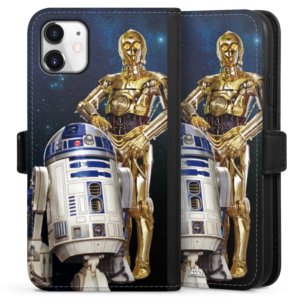 iPhone 11 Handy Klapphülle Handyhülle aus Kunst Leder schwarz Flip Case Weltall Star Wars R2d2 Sideflip mit Lasche