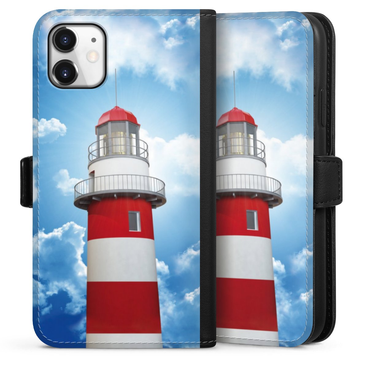 iPhone 11 Handy Klapphülle Handyhülle aus Kunst Leder schwarz Flip Case Lighthouse Sky Cloud Sideflip mit Lasche