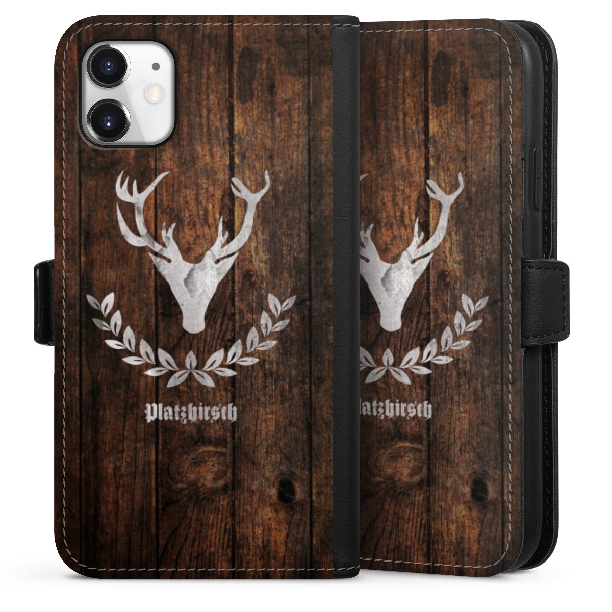 iPhone 11 Handy Klapphülle Handyhülle aus Kunst Leder schwarz Flip Case Deer Wood Wooden Look Sideflip mit Lasche