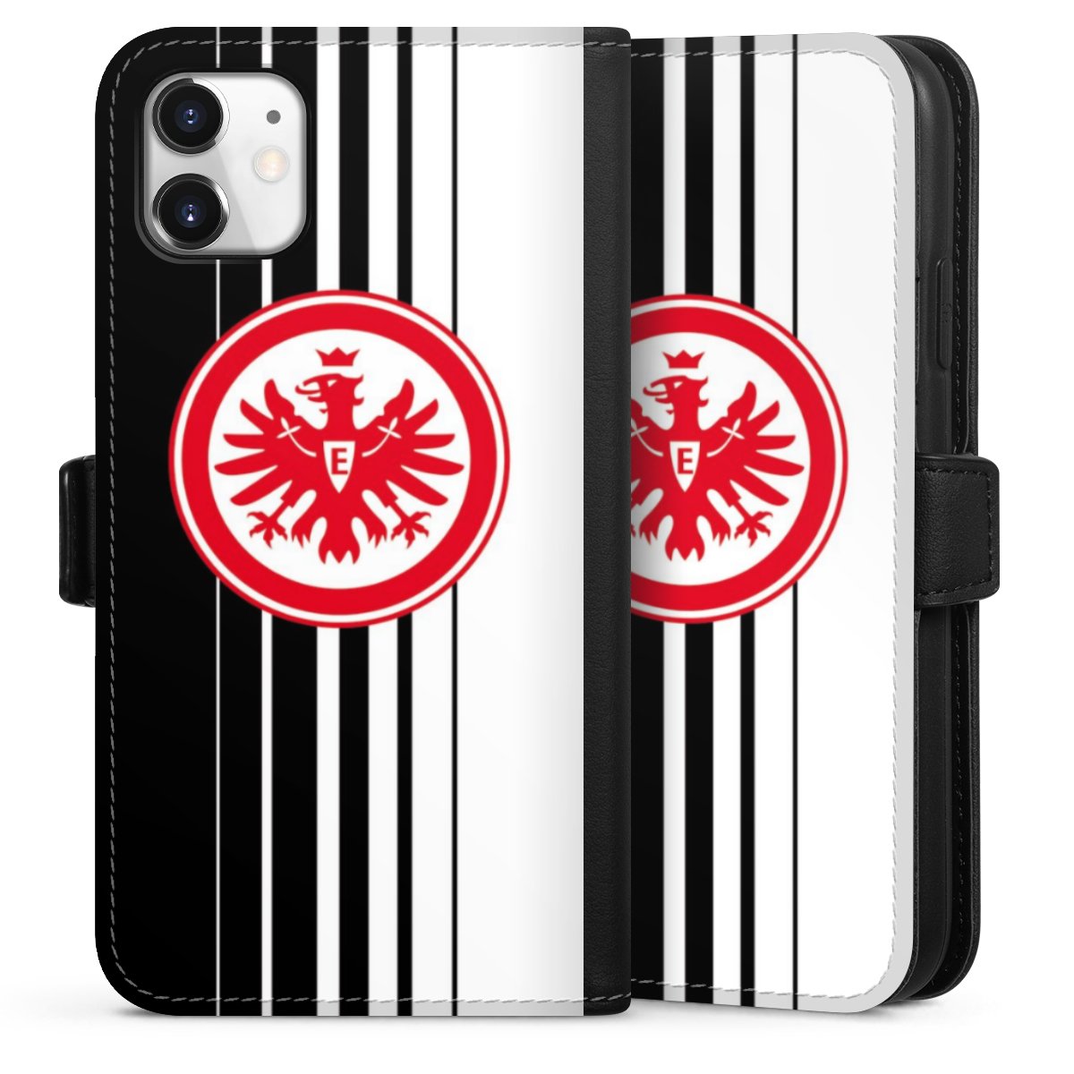 iPhone 11 Handy Klapphülle Handyhülle aus Kunst Leder schwarz Flip Case Stripes Eintracht Frankfurt Official Licensed Product Sideflip mit Lasche