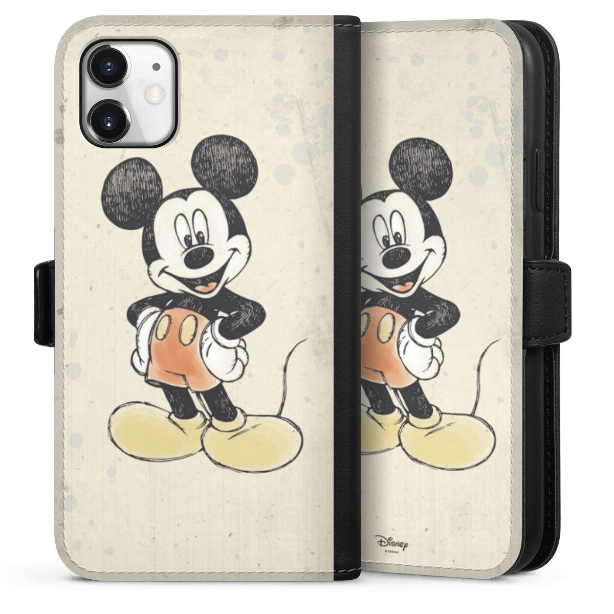 iPhone 11 Handy Klapphülle Handyhülle aus Kunst Leder schwarz Flip Case Water Colour Mickey & Minnie Mouse Official Licensed Product Sideflip mit Lasche