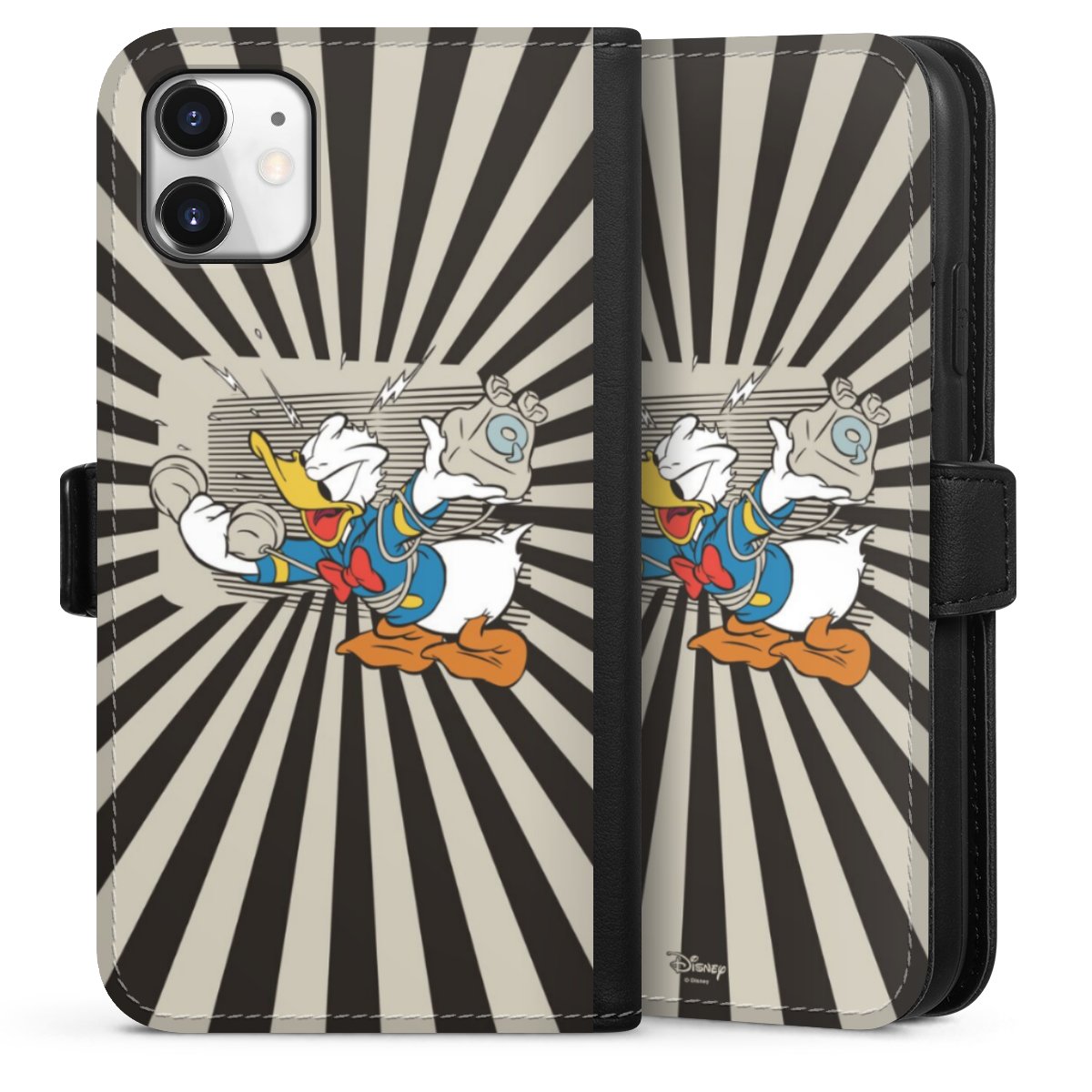 iPhone 11 Handy Klapphülle Handyhülle aus Kunst Leder schwarz Flip Case Donald Duck Disney Official Licensed Product Sideflip mit Lasche