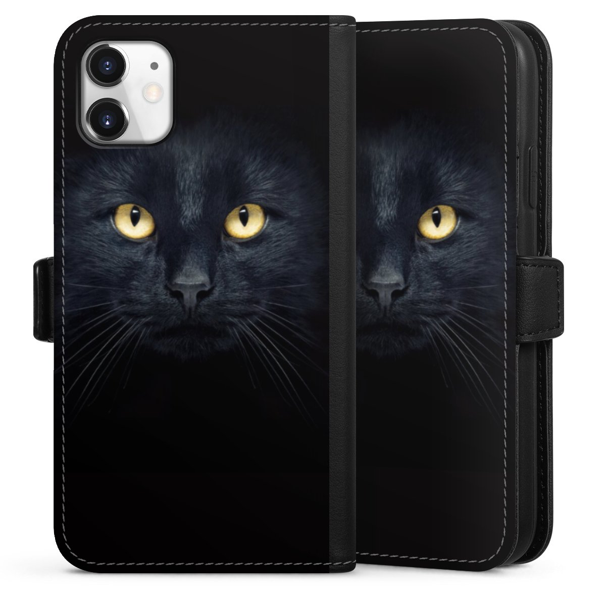 iPhone 11 Handy Klapphülle Handyhülle aus Kunst Leder schwarz Flip Case Eye Cat Black Sideflip mit Lasche