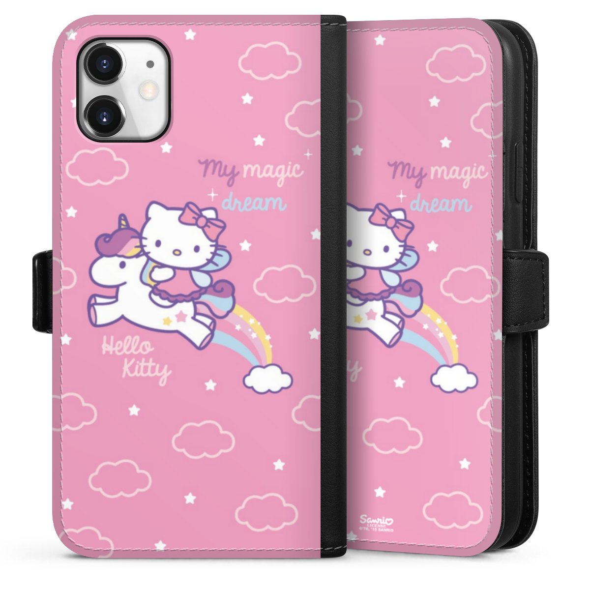 iPhone 11 Handy Klapphülle Handyhülle aus Kunst Leder schwarz Flip Case Einhorn Official Licensed Product Hello Kitty Sideflip mit Lasche