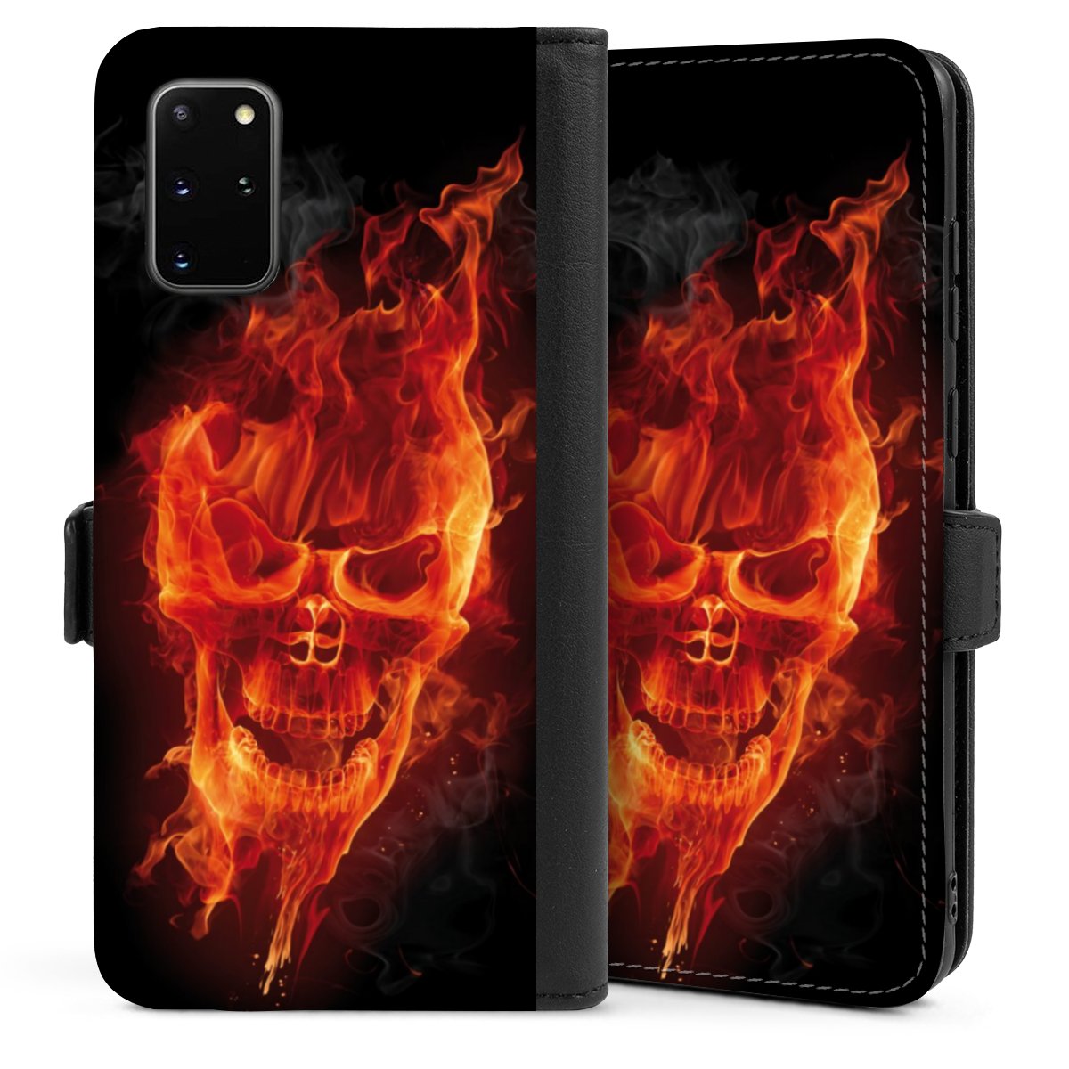 Galaxy S20 Plus Handy Klapphülle Handyhülle aus Kunst Leder schwarz Flip Case Totenkopf Skull Fire Sideflip mit Lasche