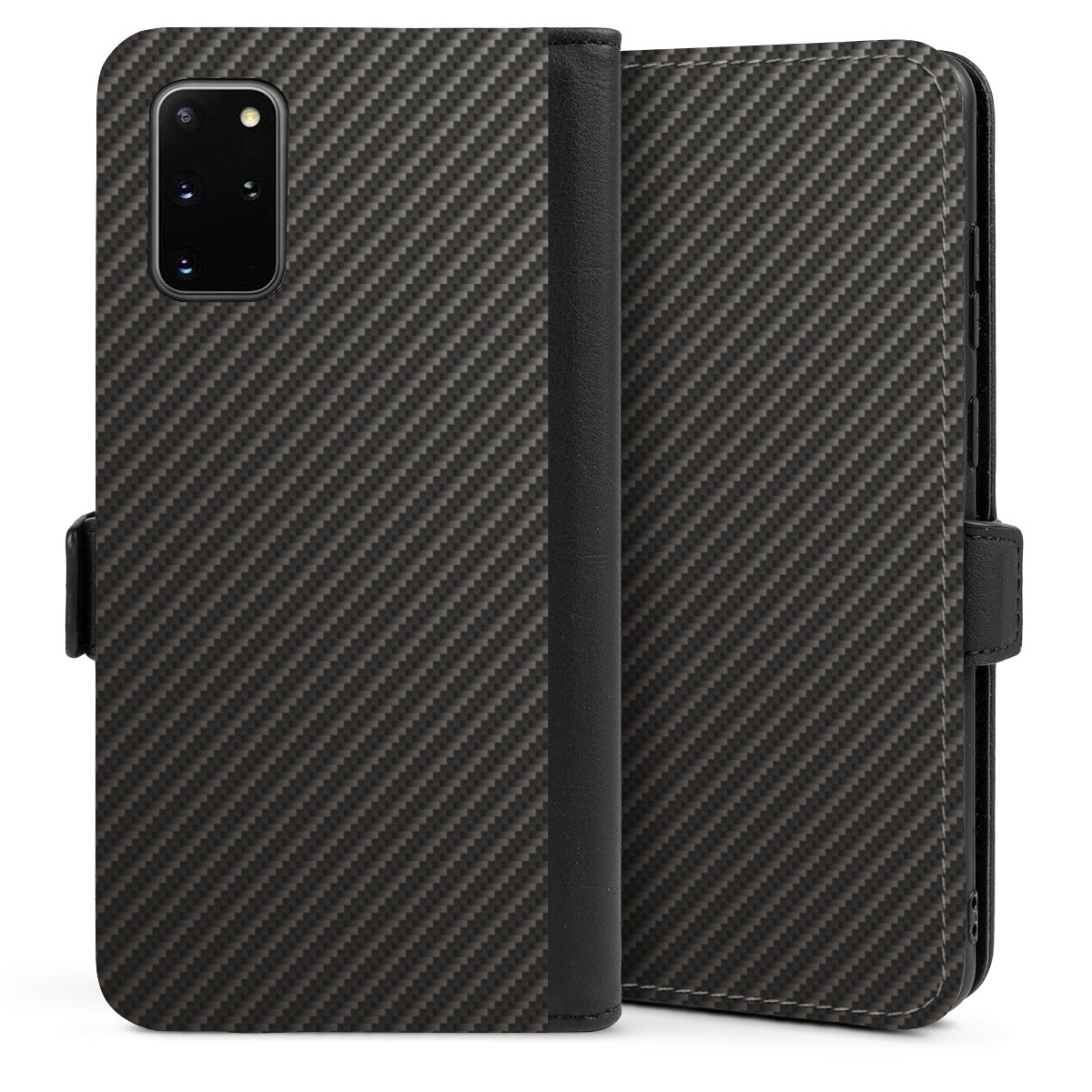 Galaxy S20 Plus Handy Klapphülle Handyhülle aus Kunst Leder schwarz Flip Case Metallic Look Carbon Muster Sideflip mit Lasche