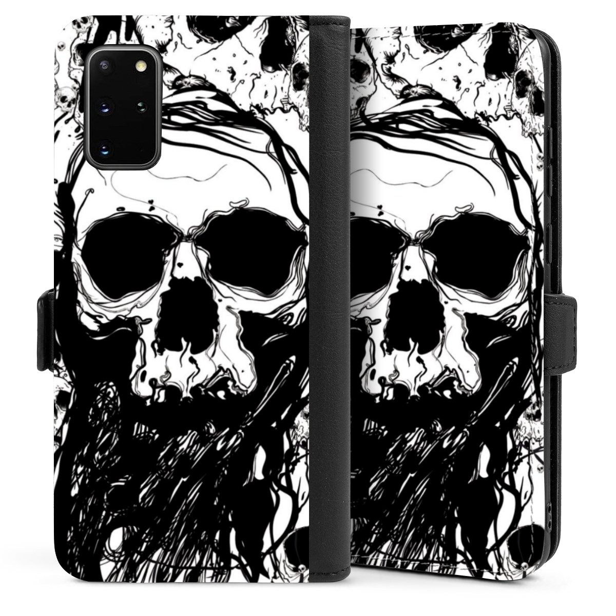 Galaxy S20 Plus Handy Klapphülle Handyhülle aus Kunst Leder schwarz Flip Case Totenkopf Halloween Sideflip mit Lasche