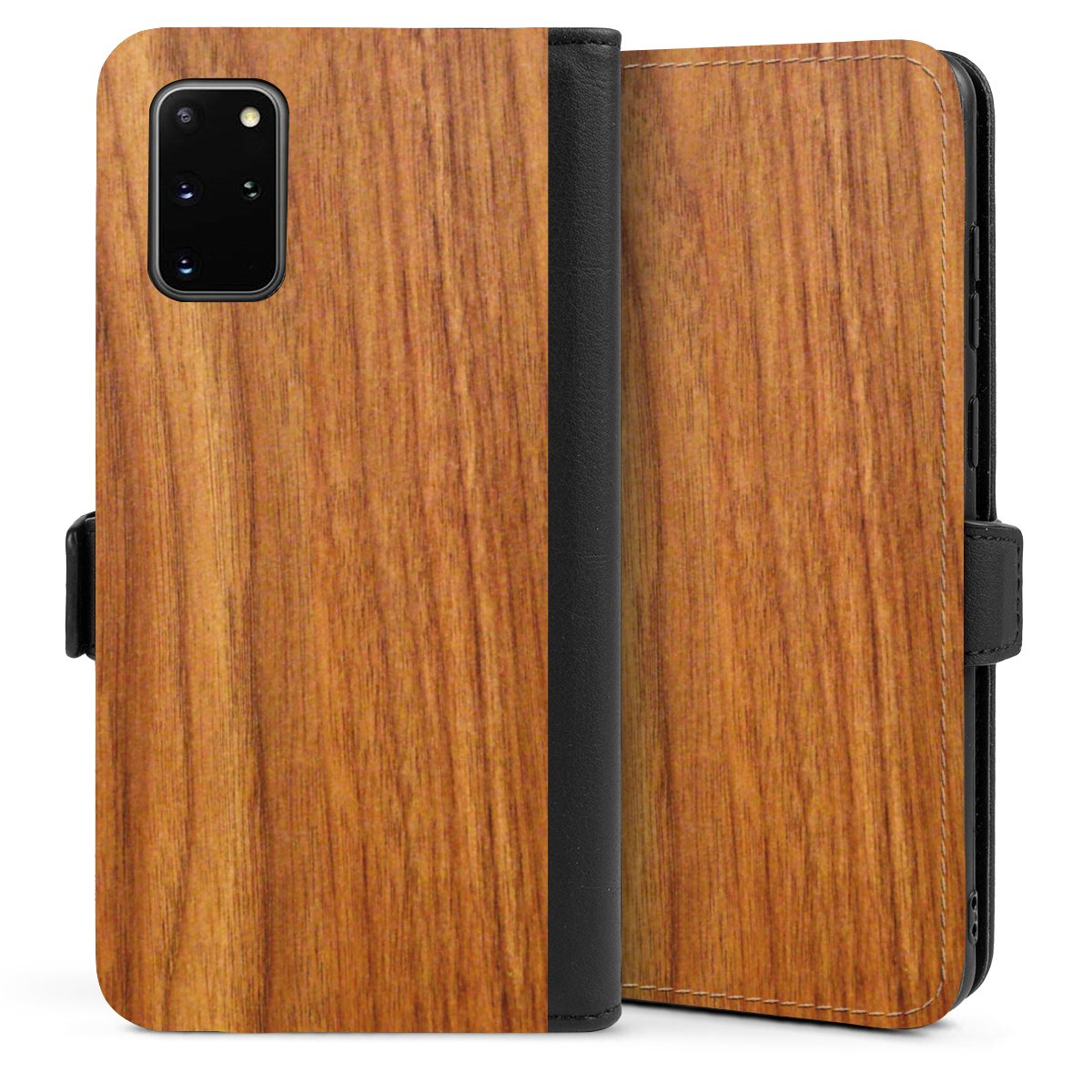 Galaxy S20 Plus Handy Klapphülle Handyhülle aus Kunst Leder schwarz Flip Case Wood Larch Wooden Look Sideflip mit Lasche