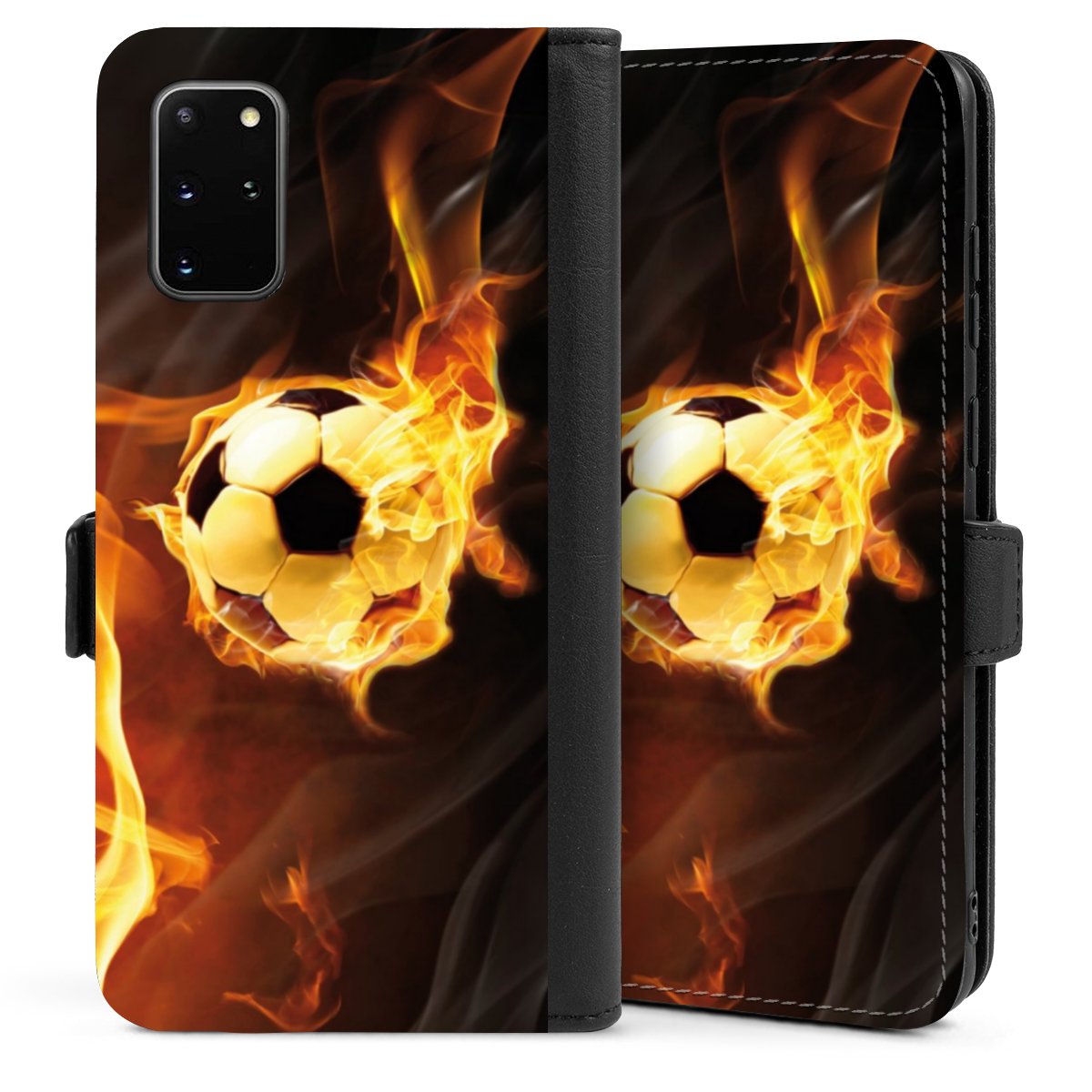 Galaxy S20 Plus Handy Klapphülle Handyhülle aus Kunst Leder schwarz Flip Case Ball Fire Soccer Sideflip mit Lasche