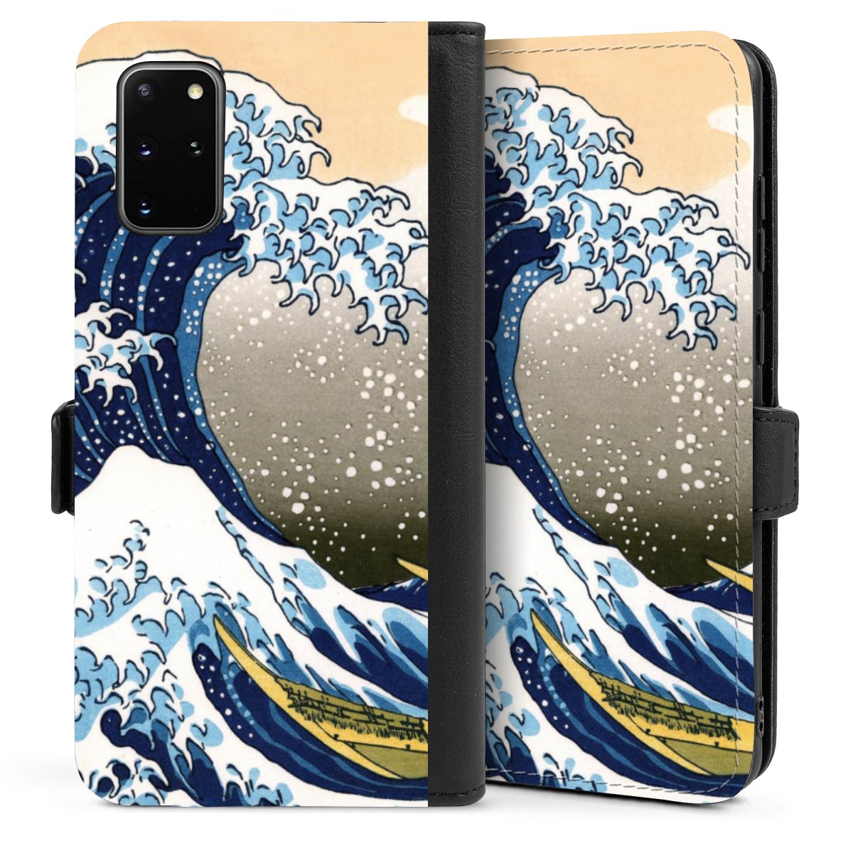 Galaxy S20 Plus Handy Klapphülle Handyhülle aus Kunst Leder schwarz Flip Case Kunst Katsushika Hokusai Die Große Welle Vor Kanagawa Sideflip mit Lasche