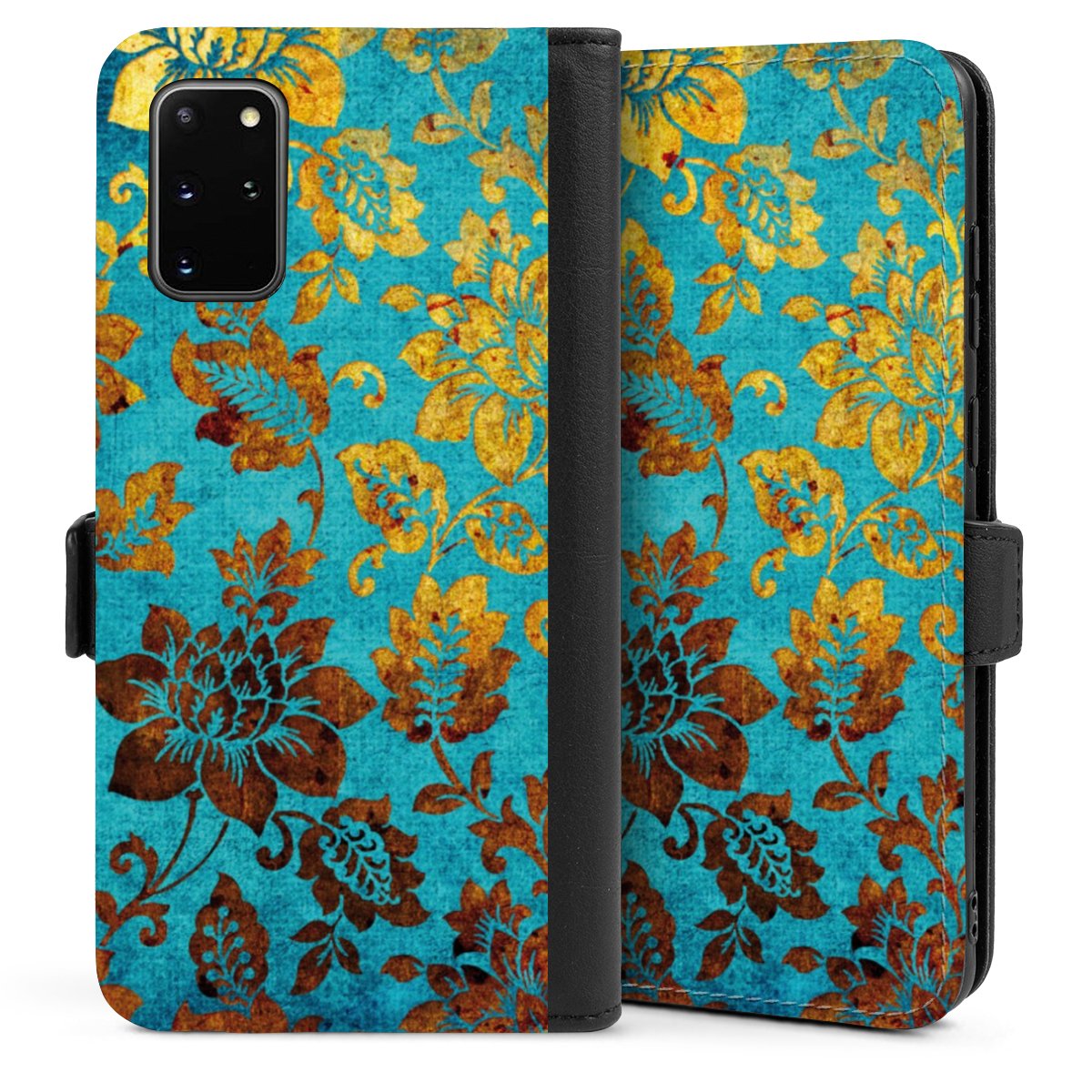 Galaxy S20 Plus Handy Klapphülle Handyhülle aus Kunst Leder schwarz Flip Case Ornament Vintage Flowers Sideflip mit Lasche