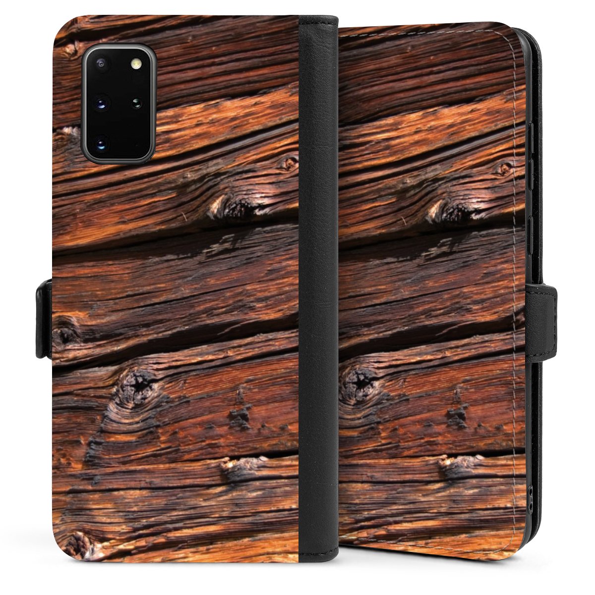 Galaxy S20 Plus Handy Klapphülle Handyhülle aus Kunst Leder schwarz Flip Case Beams Wooden Look Wood Sideflip mit Lasche