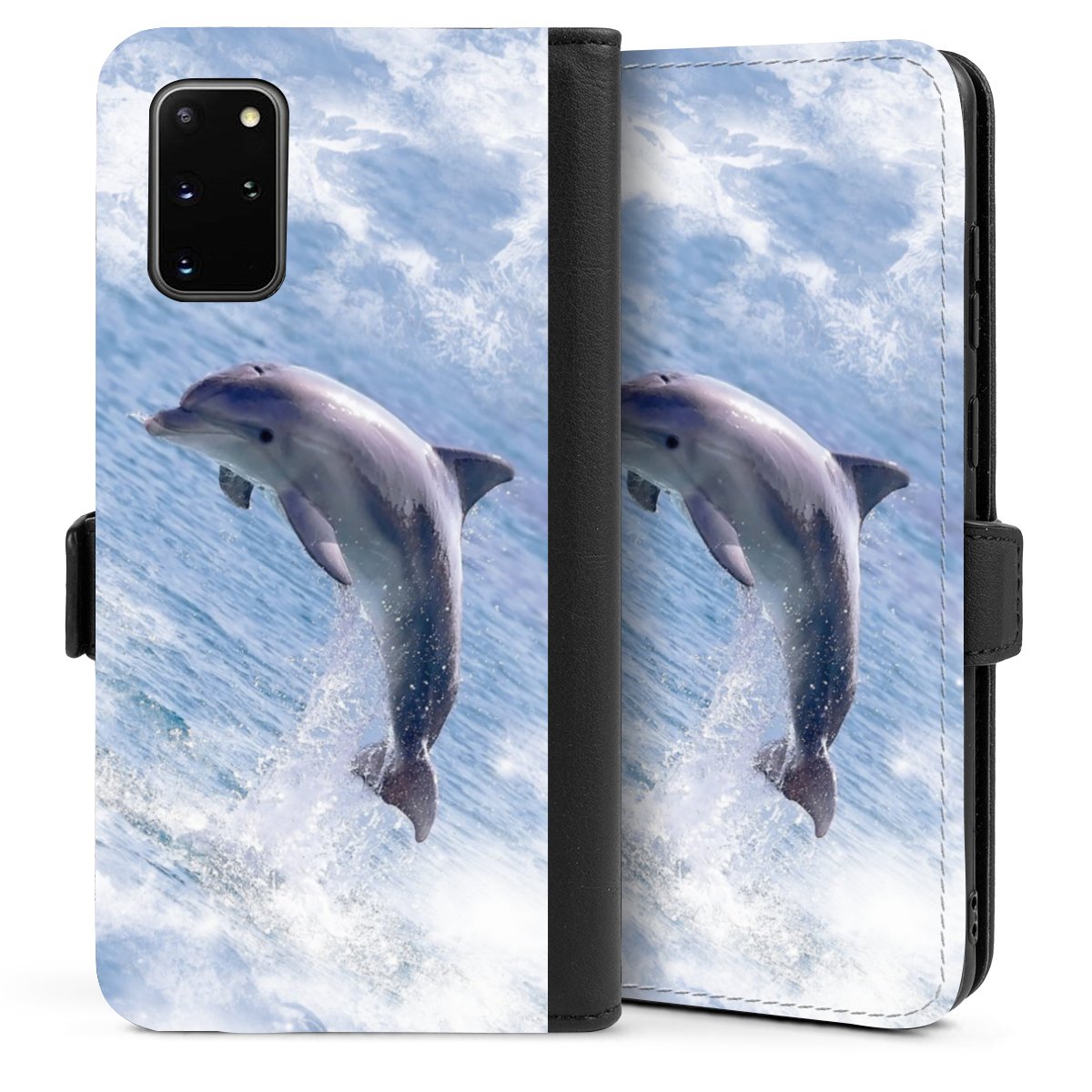 Galaxy S20 Plus Handy Klapphülle Handyhülle aus Kunst Leder schwarz Flip Case Dolphin Ocean Wale Sideflip mit Lasche