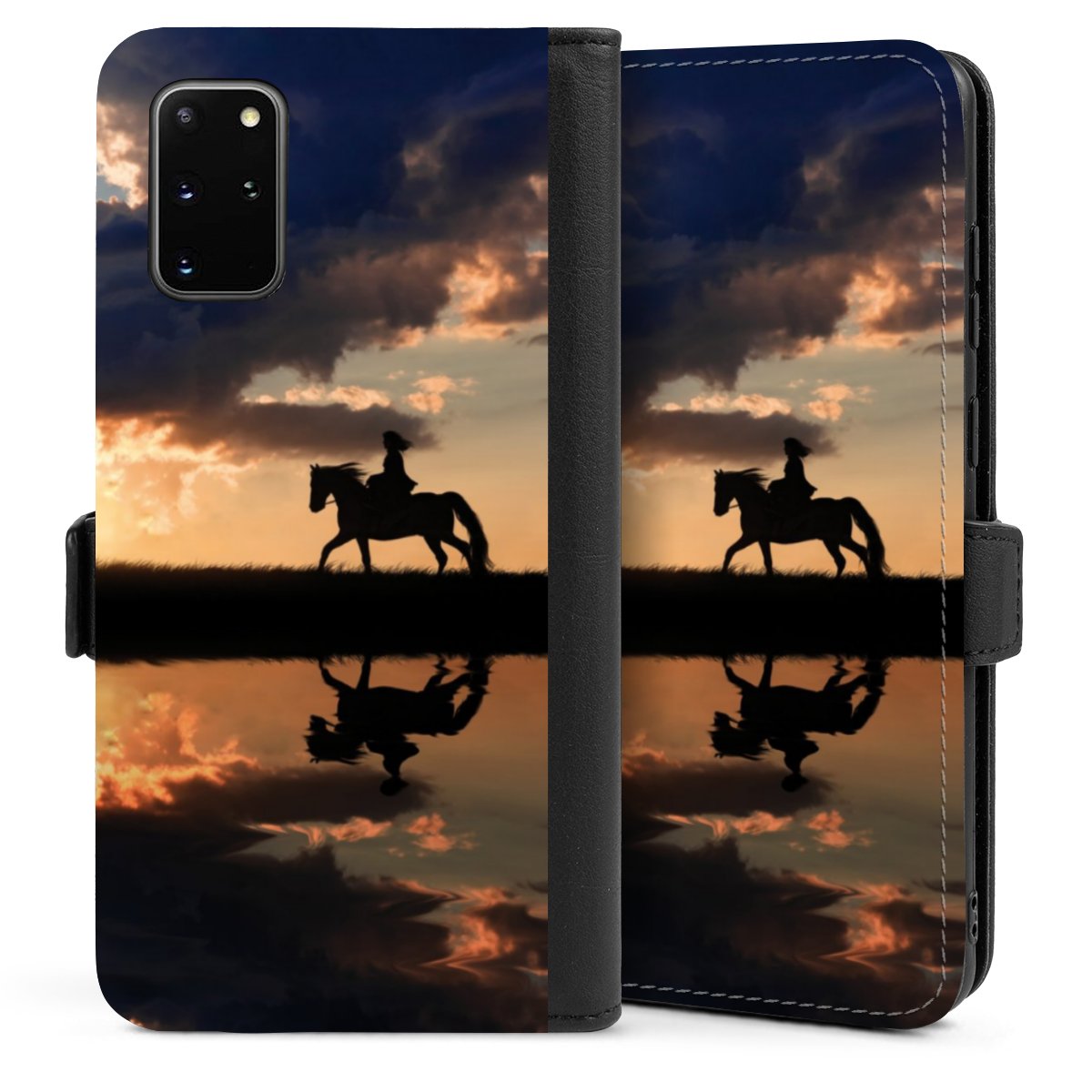 Galaxy S20 Plus Handy Klapphülle Handyhülle aus Kunst Leder schwarz Flip Case Horse Sunset Horseback Riding Sideflip mit Lasche