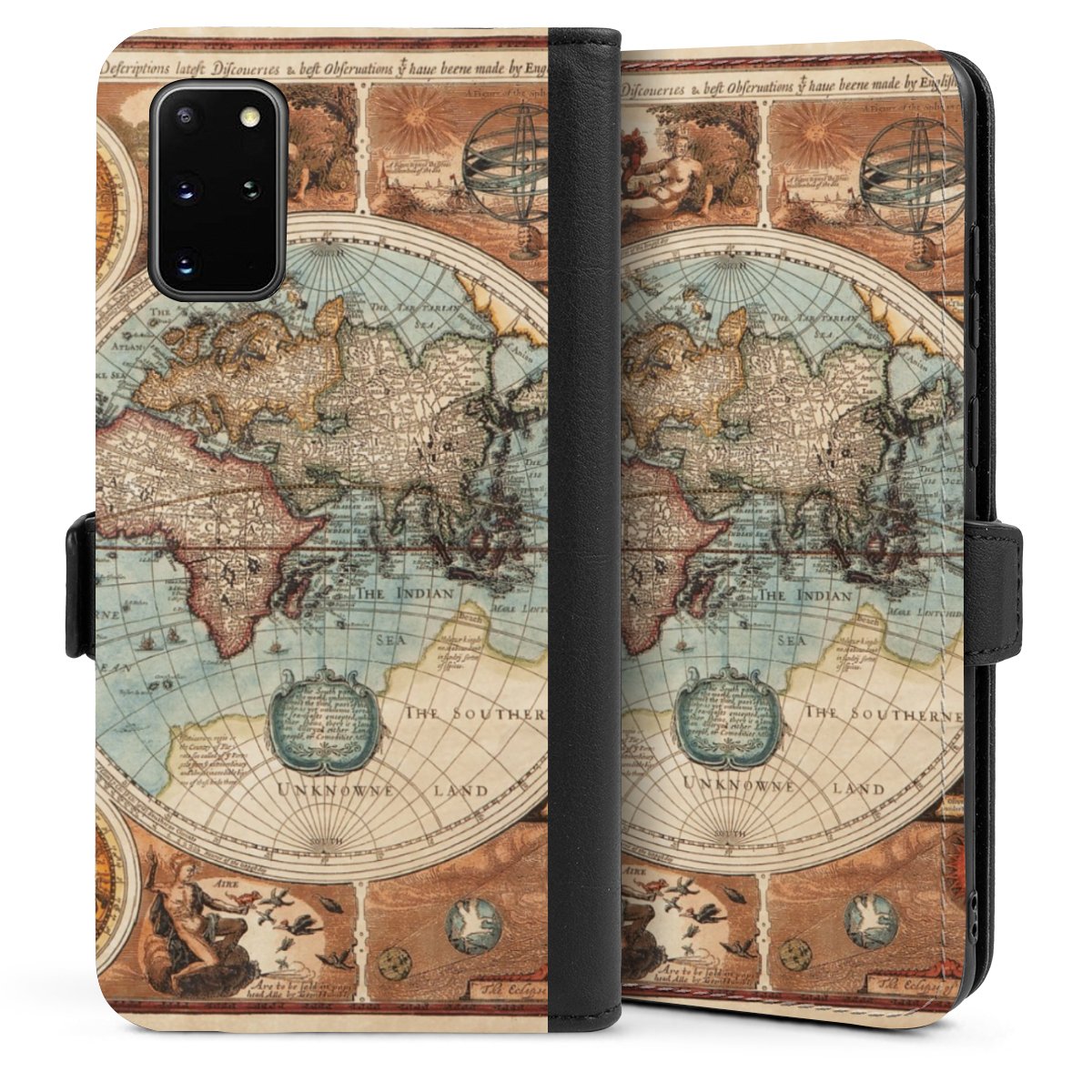 Galaxy S20 Plus Handy Klapphülle Handyhülle aus Kunst Leder schwarz Flip Case World Map Vintage Map Sideflip mit Lasche