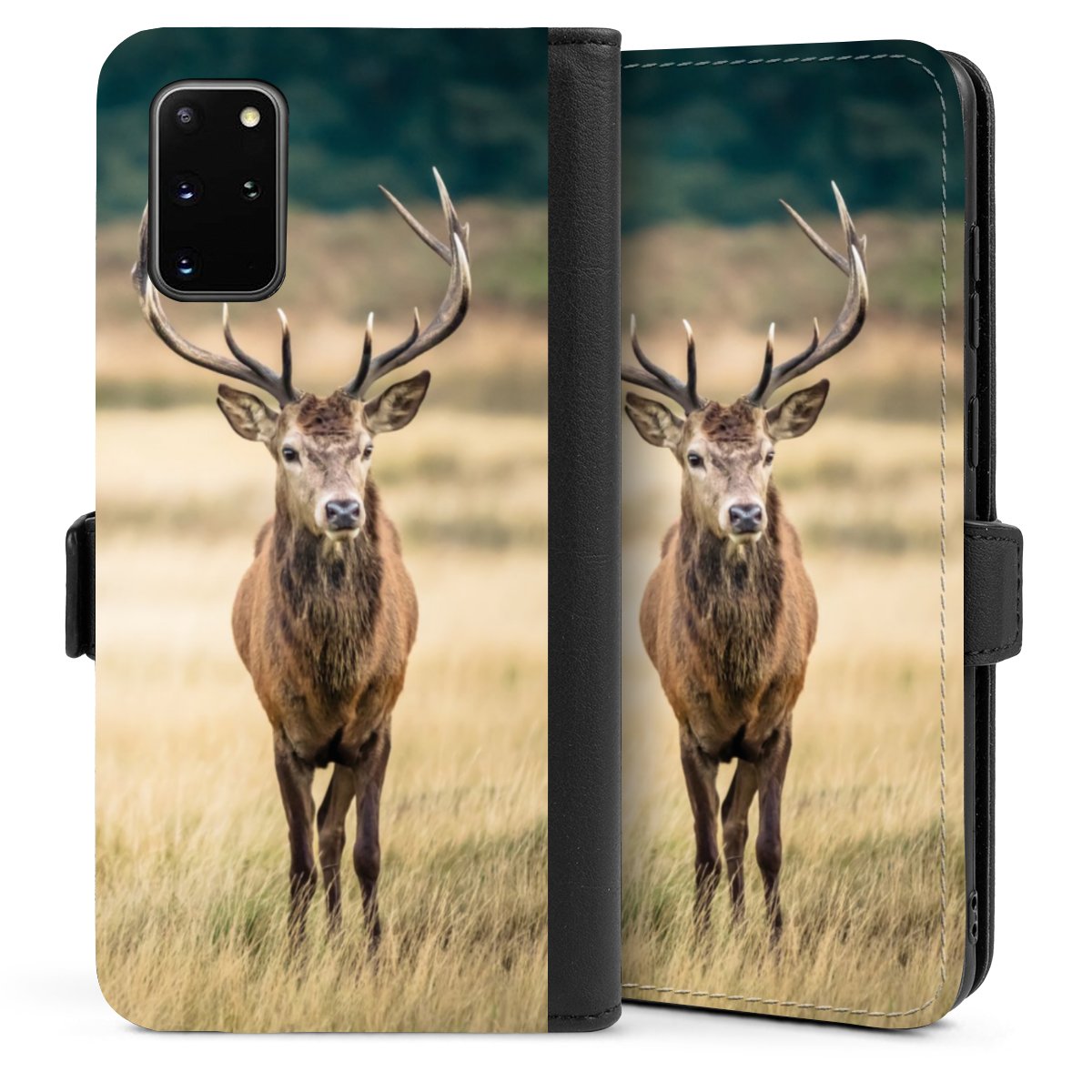 Galaxy S20 Plus Handy Klapphülle Handyhülle aus Kunst Leder schwarz Flip Case Deer Meadow Forrest Sideflip mit Lasche