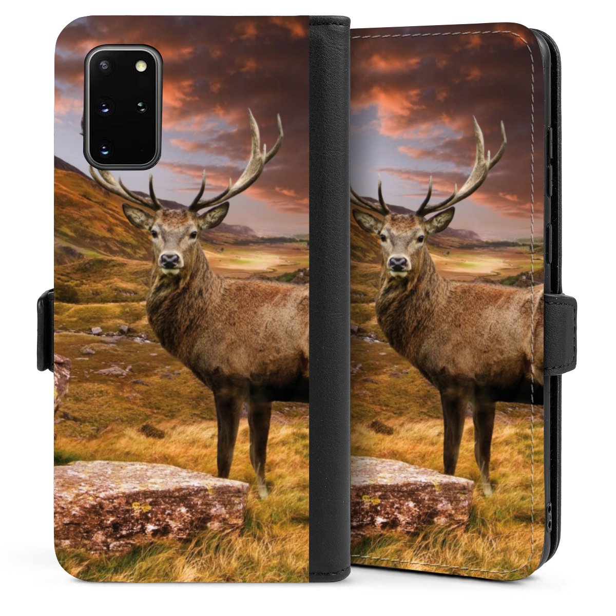 Galaxy S20 Plus Handy Klapphülle Handyhülle aus Kunst Leder schwarz Flip Case Meadow Mountain Deer Sideflip mit Lasche