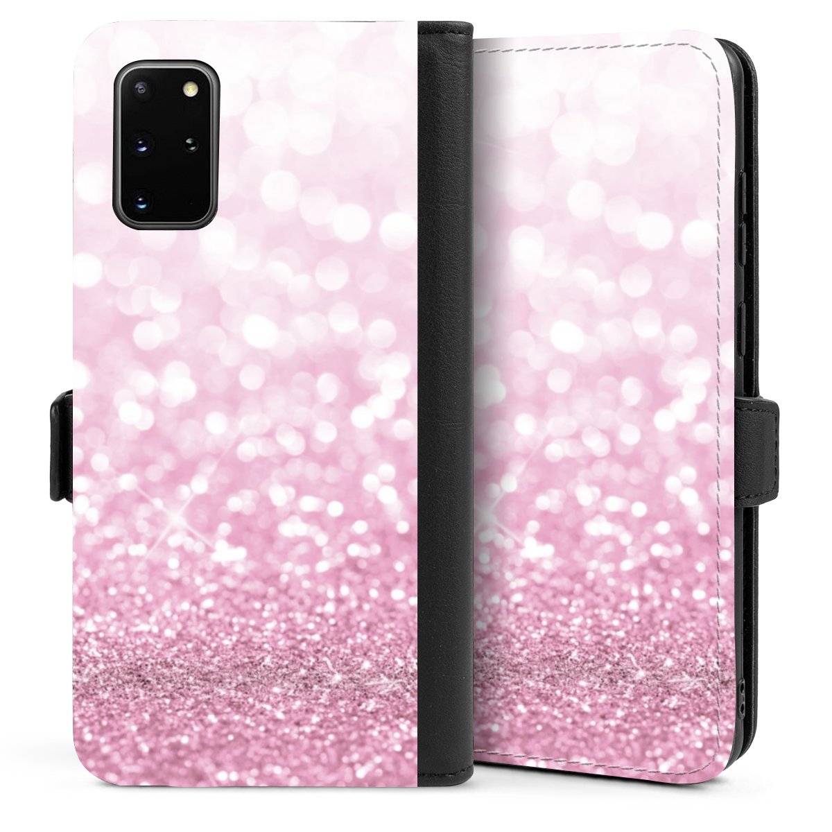 Galaxy S20 Plus Handy Klapphülle Handyhülle aus Kunst Leder schwarz Flip Case Glitzer Pink Shine Sideflip mit Lasche