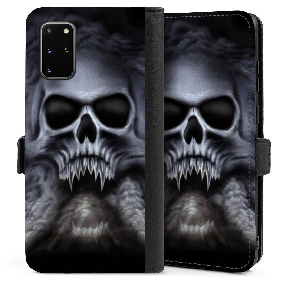 Galaxy S20 Plus Handy Klapphülle Handyhülle aus Kunst Leder schwarz Flip Case Totenkopf Skull Sideflip mit Lasche