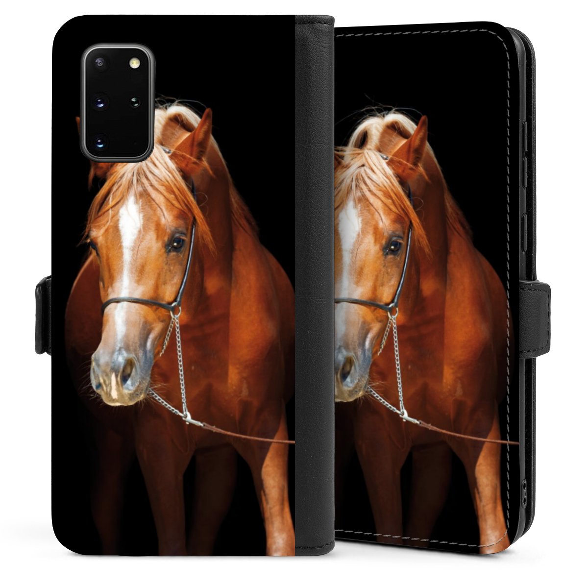 Galaxy S20 Plus Handy Klapphülle Handyhülle aus Kunst Leder schwarz Flip Case Mare Horse Hobby Sideflip mit Lasche