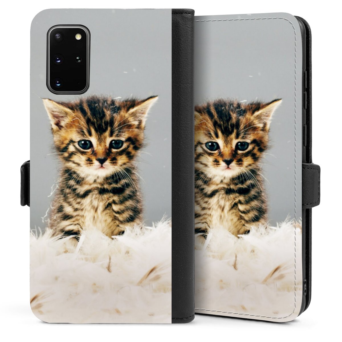 Galaxy S20 Plus Handy Klapphülle Handyhülle aus Kunst Leder schwarz Flip Case Cat Feather Pet Sideflip mit Lasche