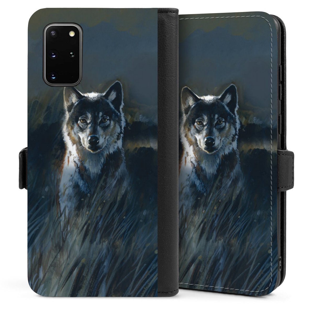 Galaxy S20 Plus Handy Klapphülle Handyhülle aus Kunst Leder schwarz Flip Case Nature Wolf Painting Sideflip mit Lasche