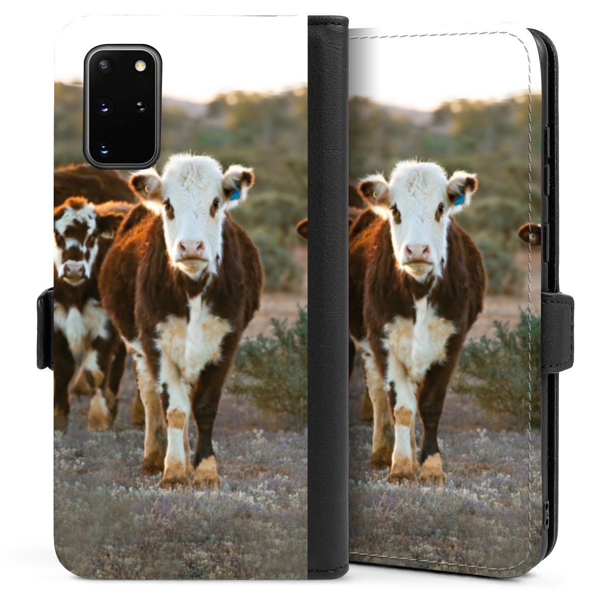 Galaxy S20 Plus Handy Klapphülle Handyhülle aus Kunst Leder schwarz Flip Case Cow Farmer Calf Sideflip mit Lasche