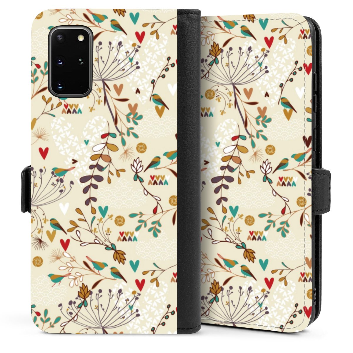 Galaxy S20 Plus Handy Klapphülle Handyhülle aus Kunst Leder schwarz Flip Case Bird Flowers Retro Sideflip mit Lasche