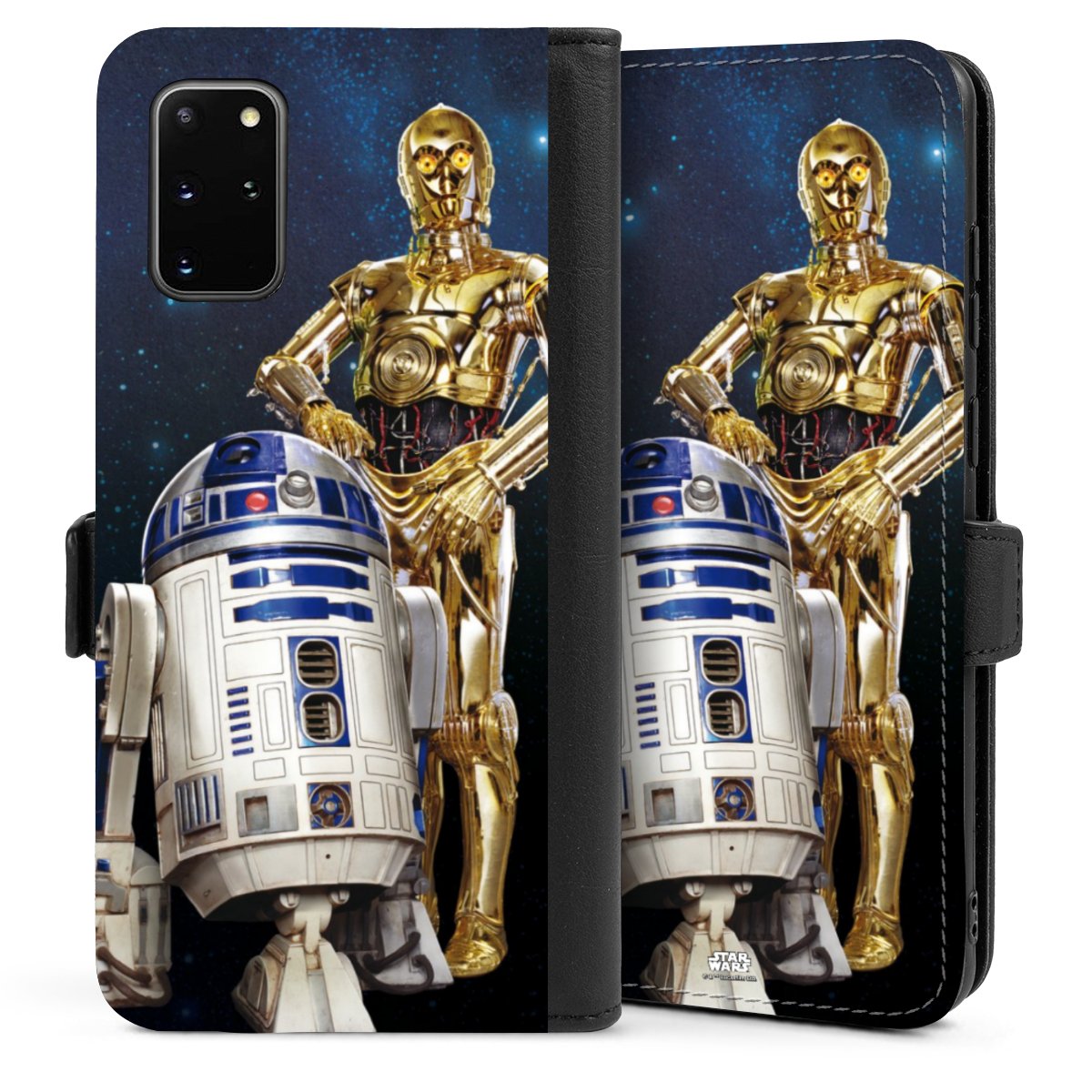 Galaxy S20 Plus Handy Klapphülle Handyhülle aus Kunst Leder schwarz Flip Case Weltall Star Wars R2d2 Sideflip mit Lasche