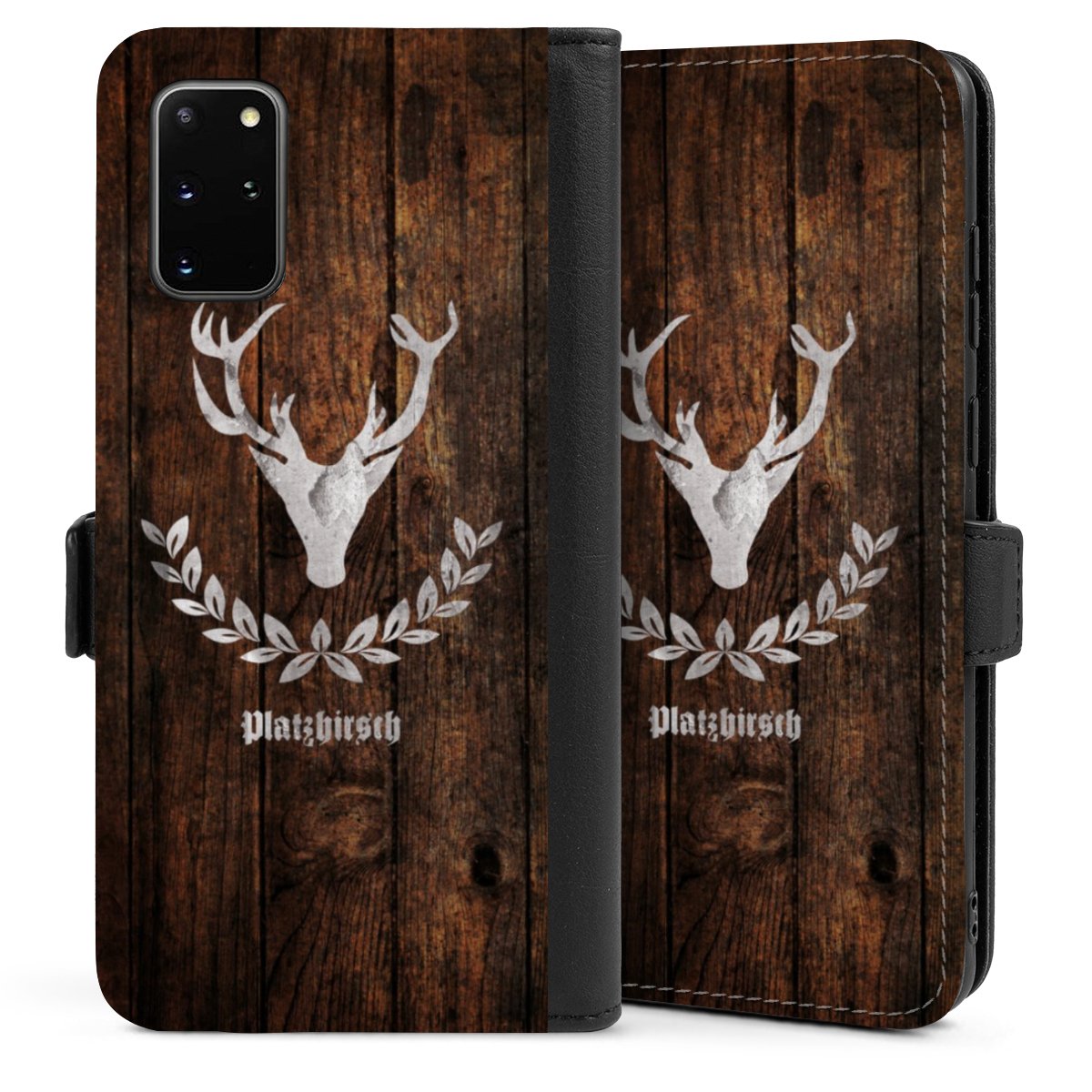 Galaxy S20 Plus Handy Klapphülle Handyhülle aus Kunst Leder schwarz Flip Case Deer Wood Wooden Look Sideflip mit Lasche