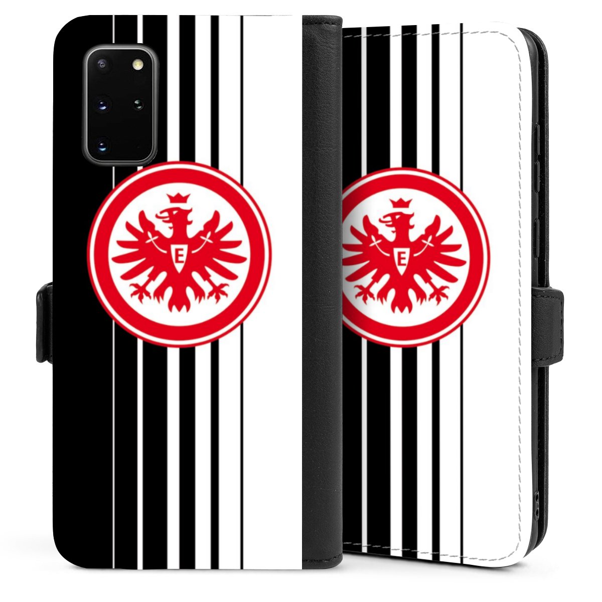 Galaxy S20 Plus Handy Klapphülle Handyhülle aus Kunst Leder schwarz Flip Case Stripes Eintracht Frankfurt Official Licensed Product Sideflip mit Lasche