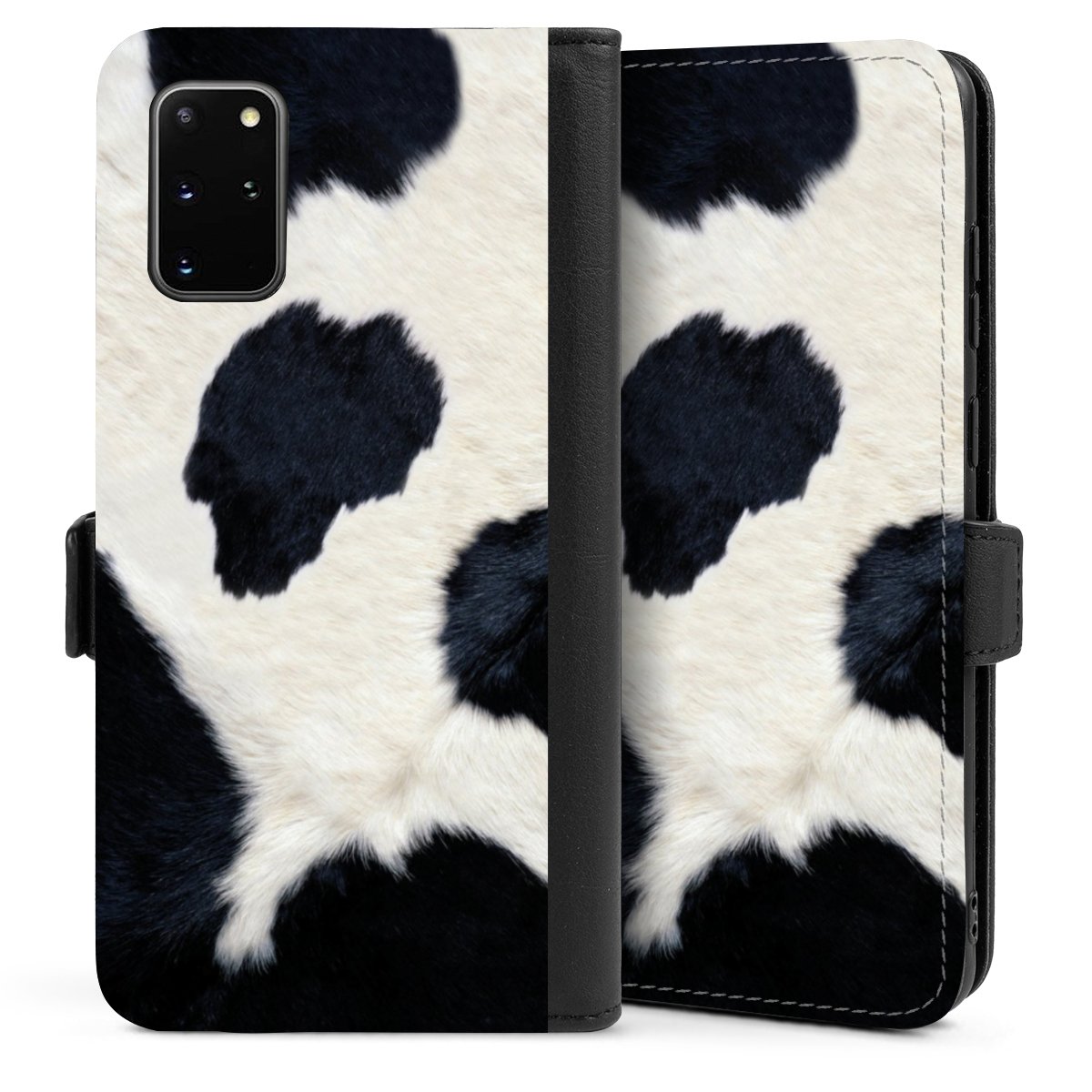 Galaxy S20 Plus Handy Klapphülle Handyhülle aus Kunst Leder schwarz Flip Case Animal Look Animal Print Cow Skin Sideflip mit Lasche