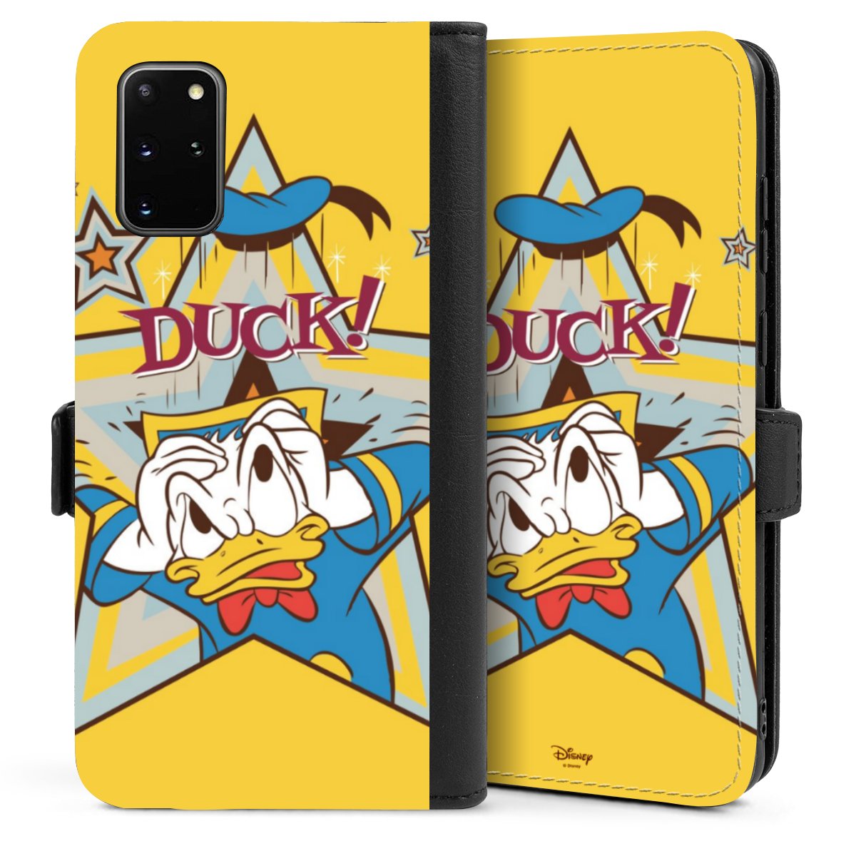 Galaxy S20 Plus Handy Klapphülle Handyhülle aus Kunst Leder schwarz Flip Case Official Licensed Product Donald Duck Disney Sideflip mit Lasche