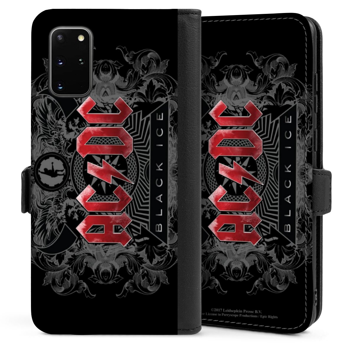 Galaxy S20 Plus Handy Klapphülle Handyhülle aus Kunst Leder schwarz Flip Case Merchandise Black Ice Acdc Sideflip mit Lasche