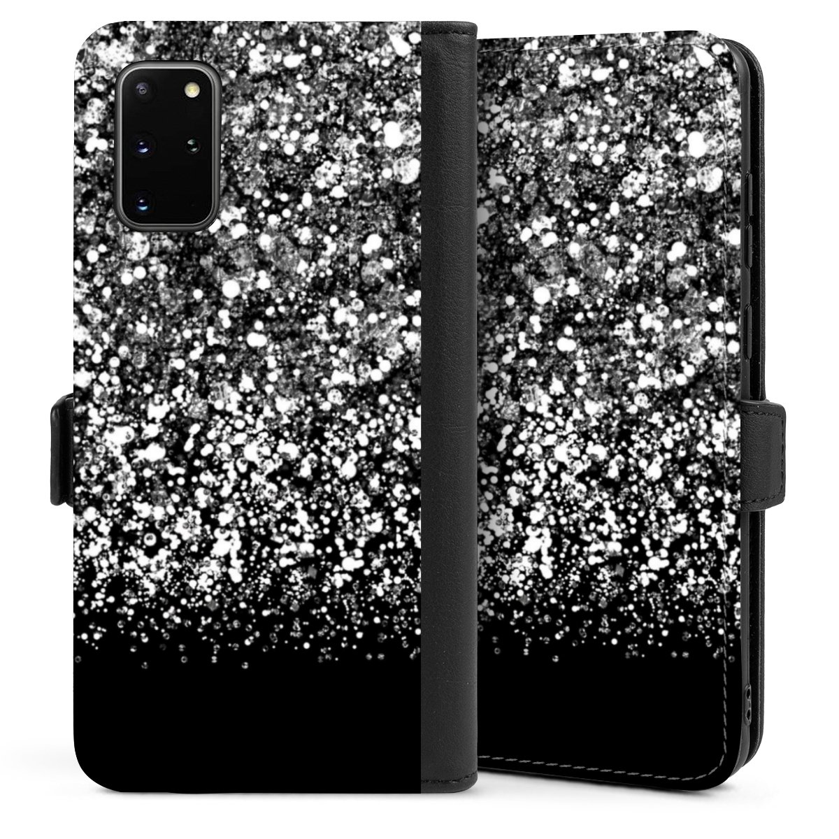 Galaxy S20 Plus Handy Klapphülle Handyhülle aus Kunst Leder schwarz Flip Case Glitzer Snowflake Muster Sideflip mit Lasche