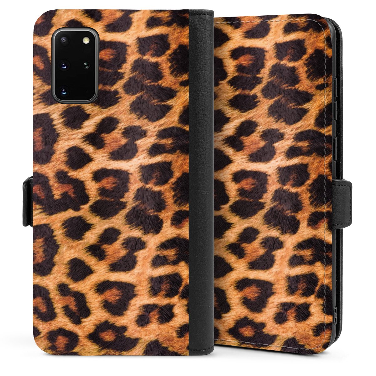 Galaxy S20 Plus Handy Klapphülle Handyhülle aus Kunst Leder schwarz Flip Case Animal Print Leopard Fur Sideflip mit Lasche