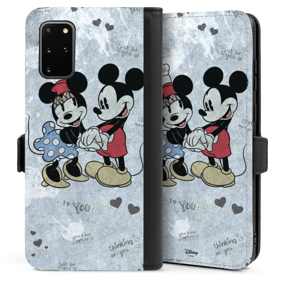 Galaxy S20 Plus Handy Klapphülle Handyhülle aus Kunst Leder schwarz Flip Case Mickey & Minnie Mouse Vintage Disney Sideflip mit Lasche