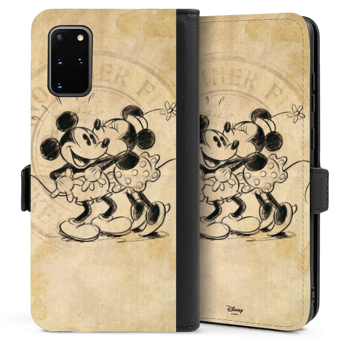 Galaxy S20 Plus Handy Klapphülle Handyhülle aus Kunst Leder schwarz Flip Case Mickey Mouse Vintage Minnie Mouse Sideflip mit Lasche