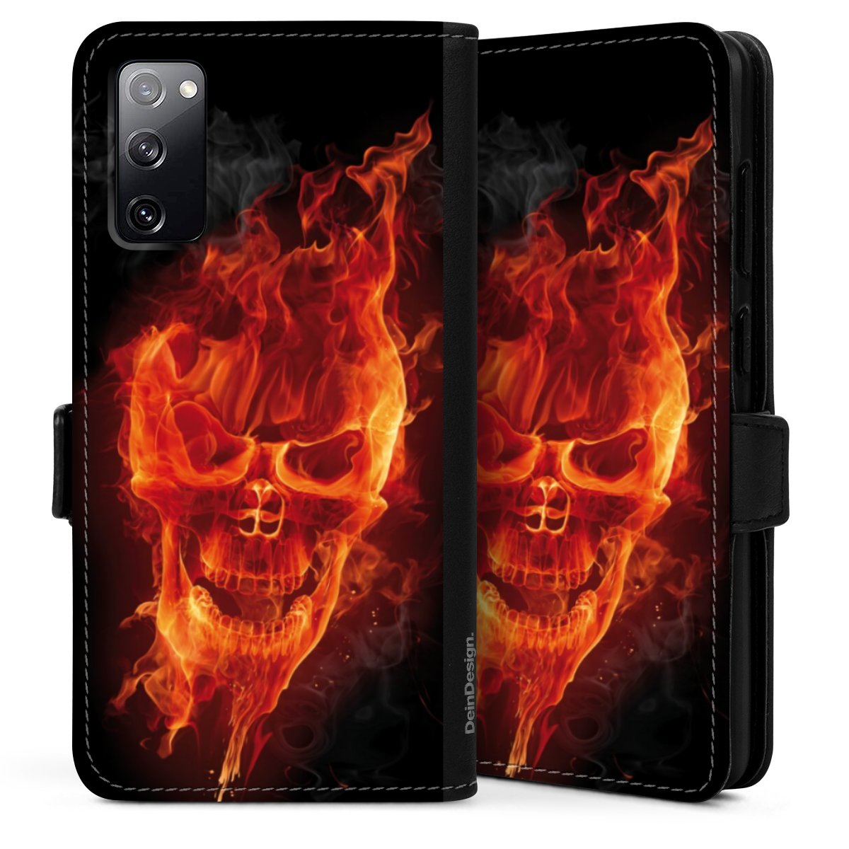 Galaxy S20 Handy Klapphülle Handyhülle aus Kunst Leder schwarz Flip Case Totenkopf Skull Fire Sideflip mit Lasche