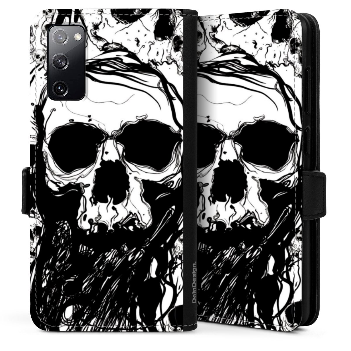 Galaxy S20 Handy Klapphülle Handyhülle aus Kunst Leder schwarz Flip Case Totenkopf Halloween Sideflip mit Lasche