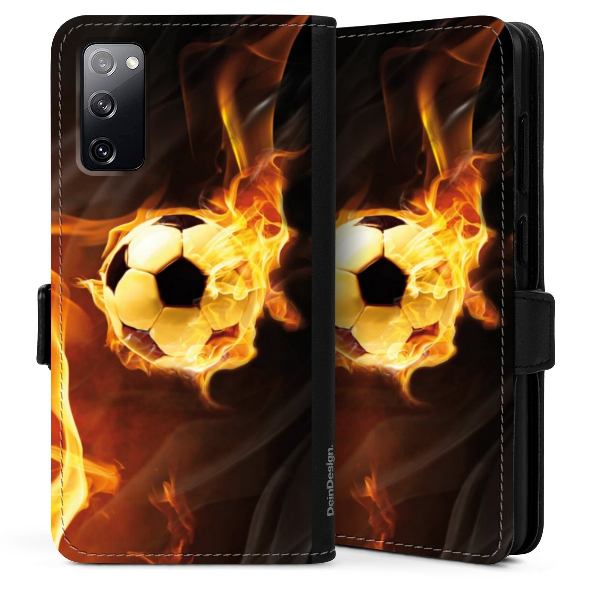 Galaxy S20 Handy Klapphülle Handyhülle aus Kunst Leder schwarz Flip Case Ball Fire Soccer Sideflip mit Lasche